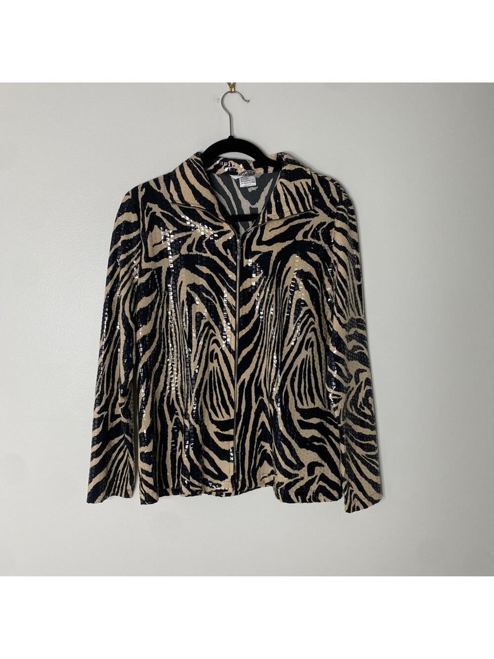 Vintage Misook Black Tan Sequin Zebra Animal Print Zipper Jacket Medium